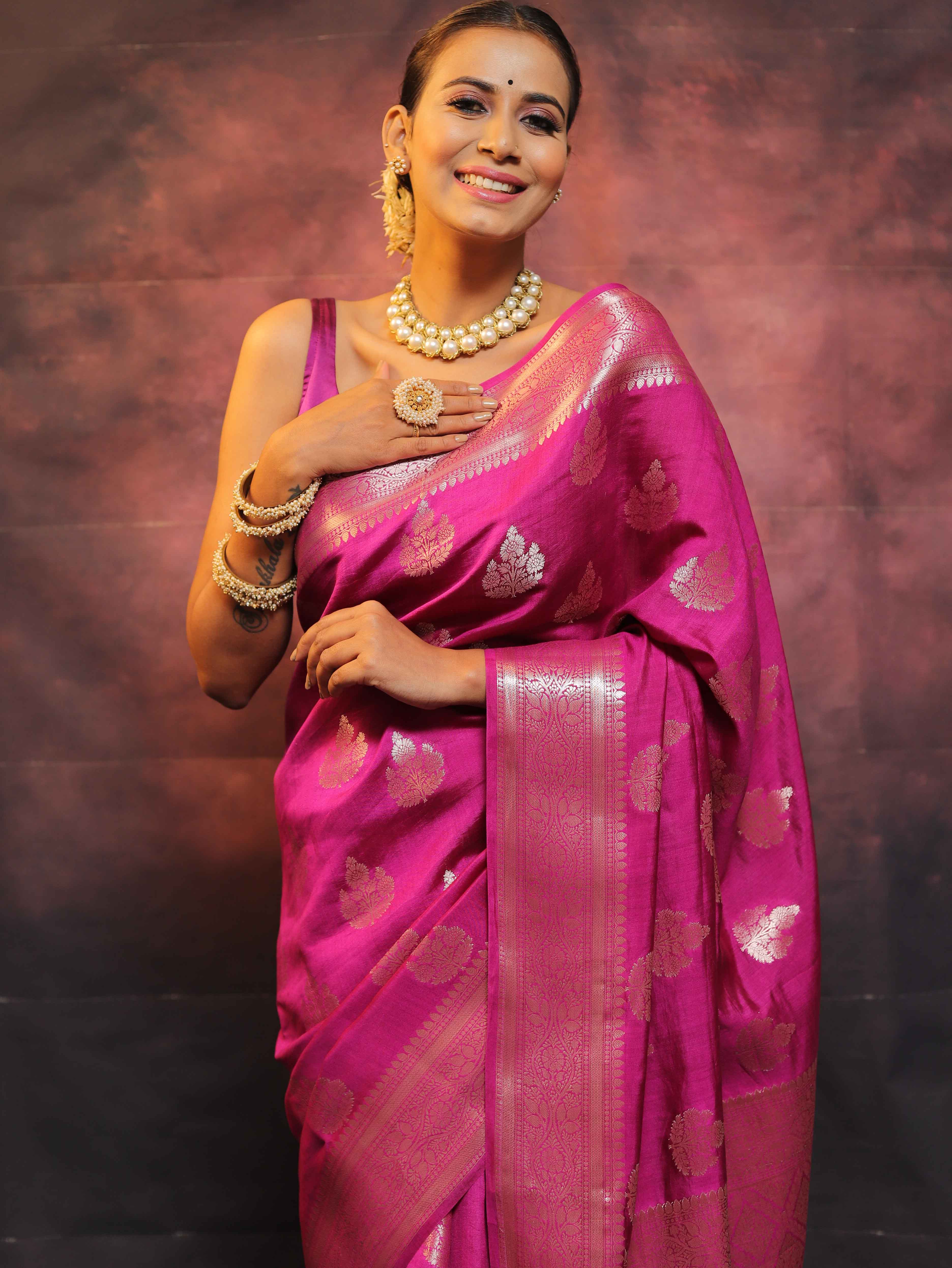 Banarasee Handloom Pure Chiniya Silk Saree With Zari Work-Magenta