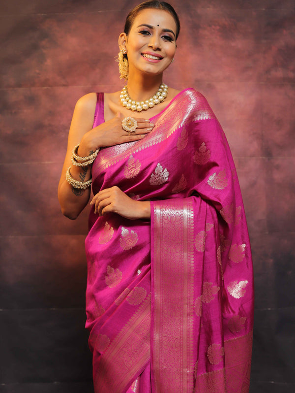 Banarasee Handloom Pure Chiniya Silk Saree With Zari Work-Magenta