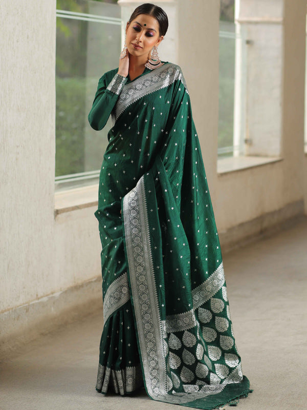 Banarasee Handwoven Faux Georgette Saree With Silver Zari Star Buti Design-Green