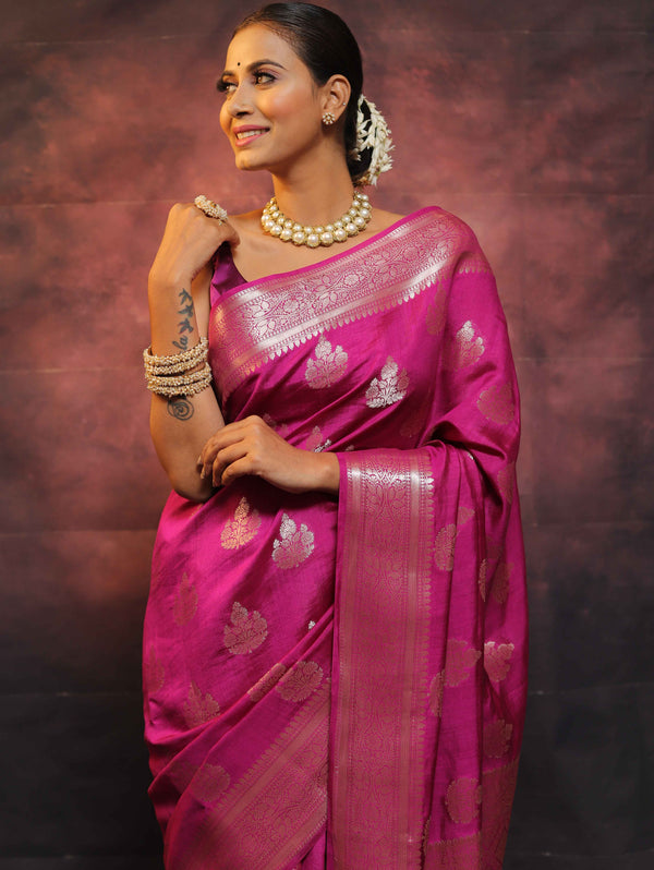 Banarasee Handloom Pure Chiniya Silk Saree With Zari Work-Magenta