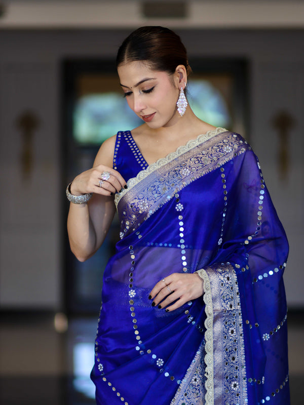 Banarasee Handloom Tissue Saree With Hand Embroidered Mirror Work Pearl Motifs & Zari Woven Pallu-Royal Blue