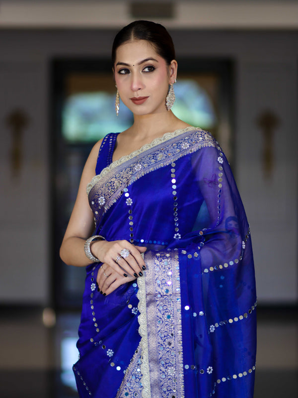 Banarasee Handloom Tissue Saree With Hand Embroidered Mirror Work Pearl Motifs & Zari Woven Pallu-Royal Blue