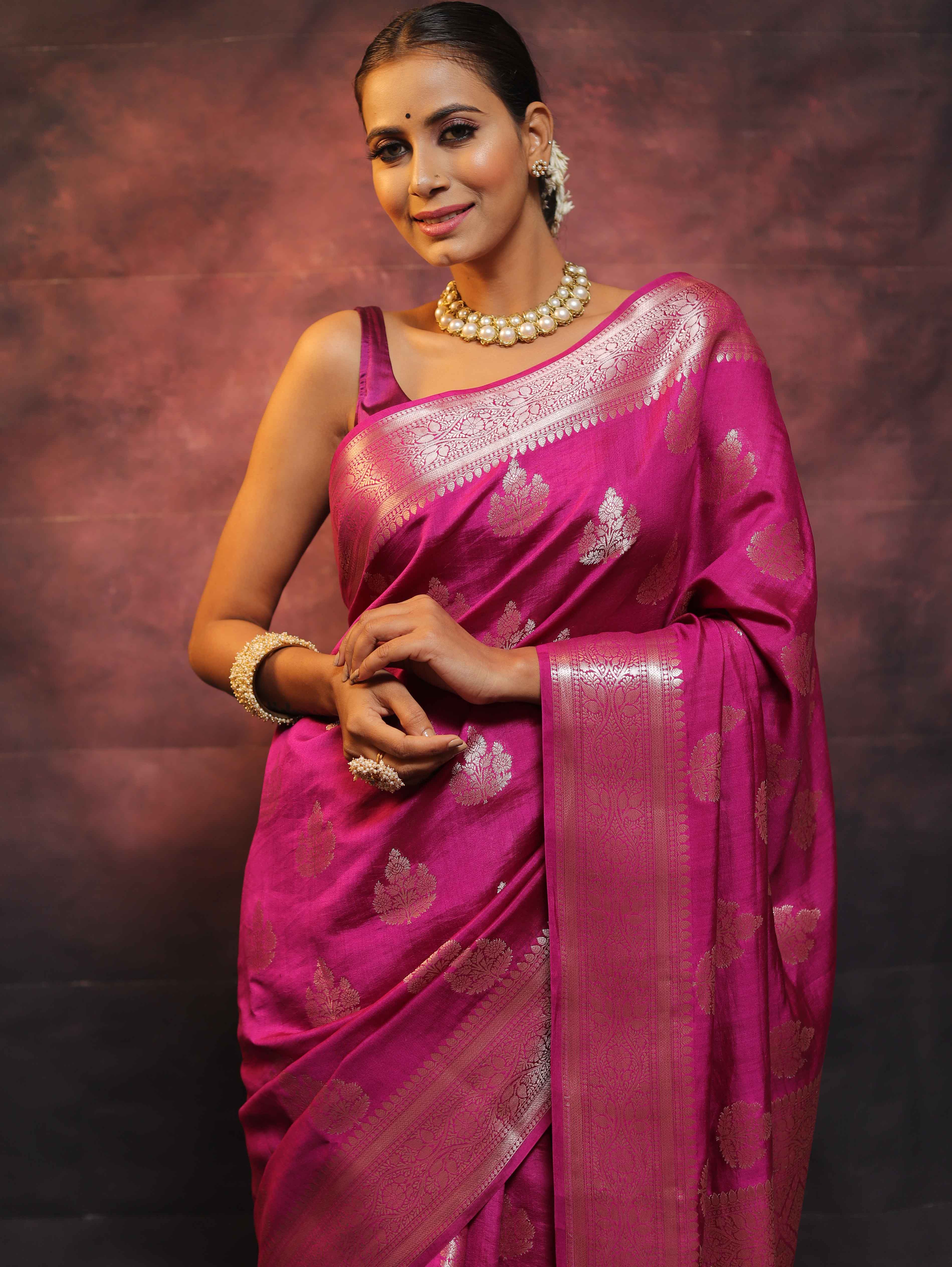 Banarasee Handloom Pure Chiniya Silk Saree With Zari Work-Magenta