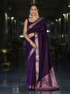 Banarasee Handloom Semi Silk Plain Saree With Floral Zari Border-Violet