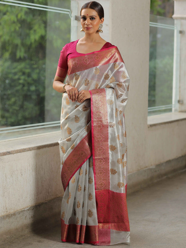 Banarasee Handwoven Tissue Saree With Zari Buti & Border-Silver & Pink