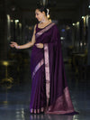 Banarasee Handloom Semi Silk Plain Saree With Floral Zari Border-Violet