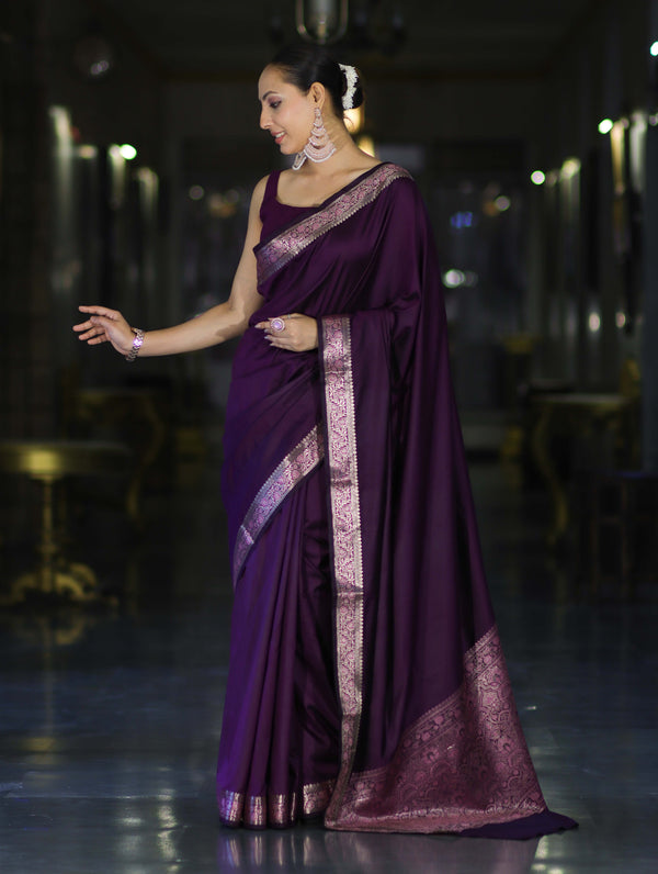 Banarasee Handloom Semi Silk Plain Saree With Floral Zari Border-Violet