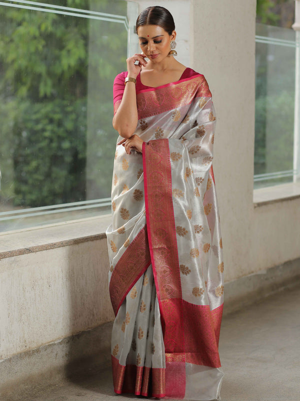 Banarasee Handwoven Tissue Saree With Zari Buti & Border-Silver & Pink