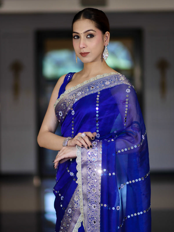 Banarasee Handloom Tissue Saree With Hand Embroidered Mirror Work Pearl Motifs & Zari Woven Pallu-Royal Blue