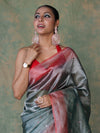 Banarasee Handwoven Crushed Tissue Saree With Mirror Work & Contrast Border-Sea Green