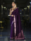 Banarasee Handloom Semi Silk Plain Saree With Floral Zari Border-Violet