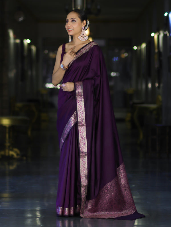 Banarasee Handloom Semi Silk Plain Saree With Floral Zari Border-Violet