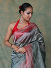 Banarasee Handwoven Crushed Tissue Saree With Mirror Work & Contrast Border-Sea Green