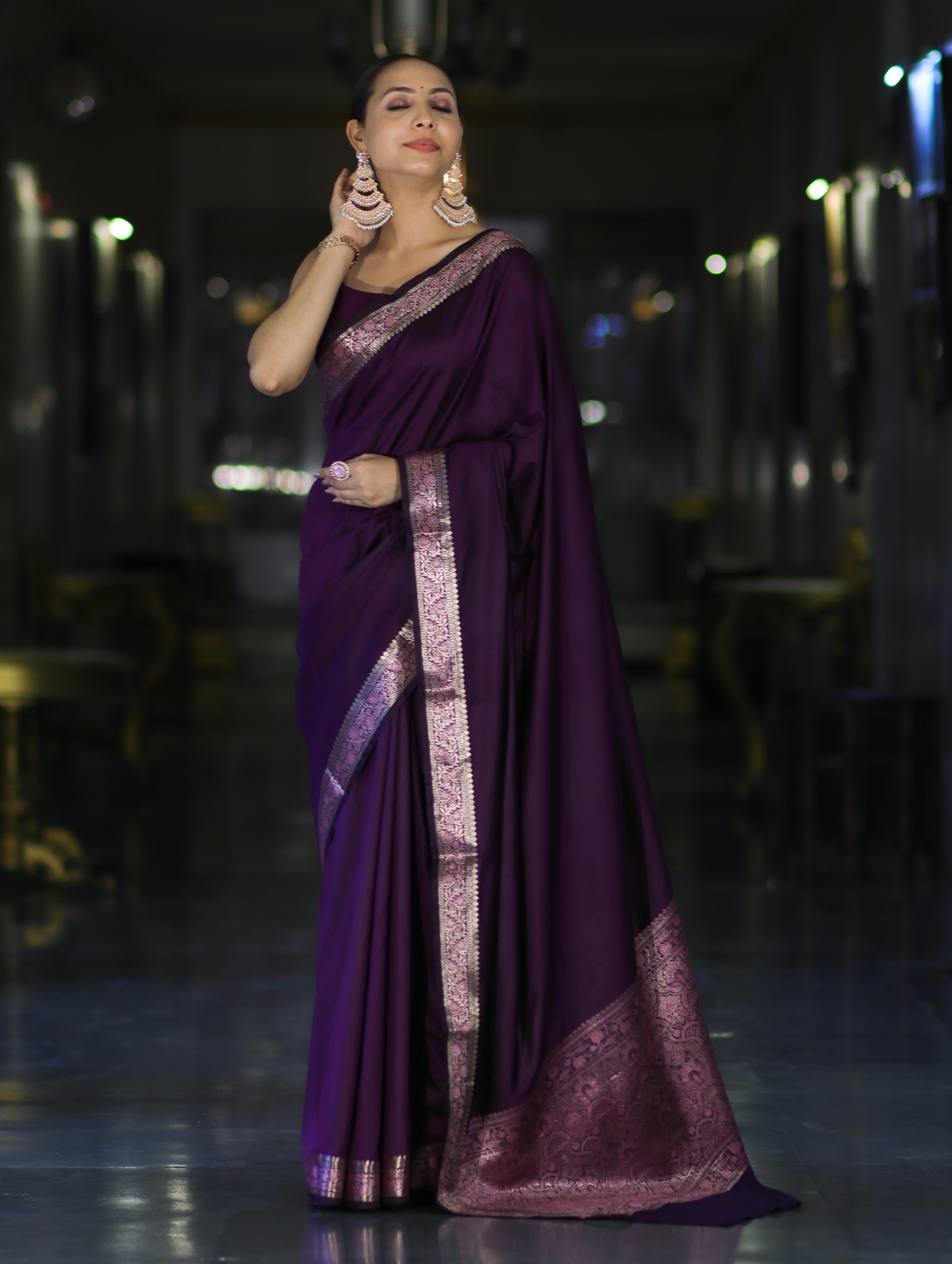 Banarasee Handloom Semi Silk Plain Saree With Floral Zari Border-Violet