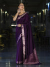 Banarasee Handloom Semi Silk Plain Saree With Floral Zari Border-Violet