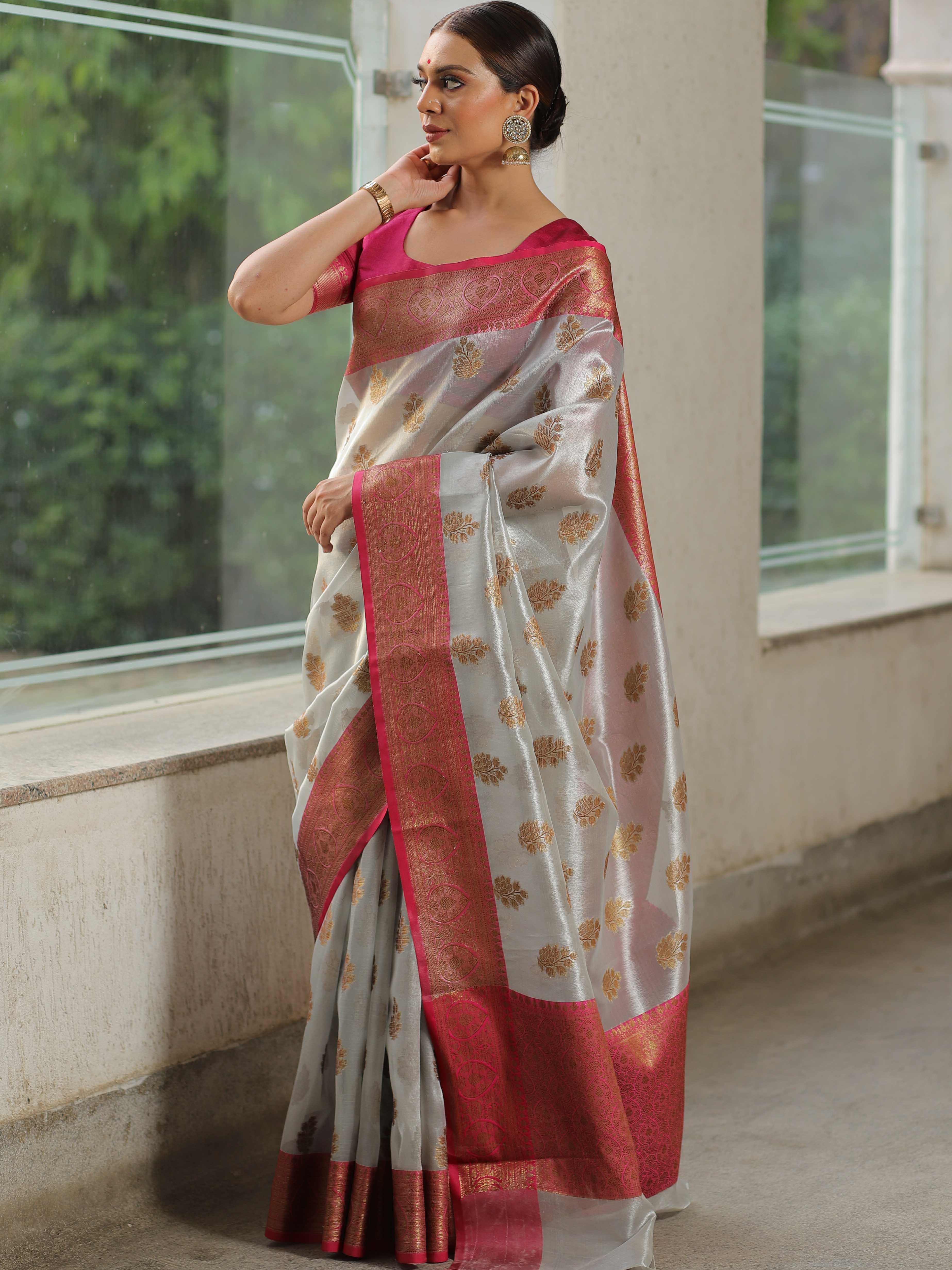 Banarasee Handwoven Tissue Saree With Zari Buti & Border-Silver & Pink