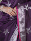 Banarasee Handloom Semi Silk Saree With Silver Zari Floral Design & Border-Dark Purple