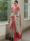 Banarasee Handwoven Tissue Saree With Zari Buti & Border-Silver & Pink