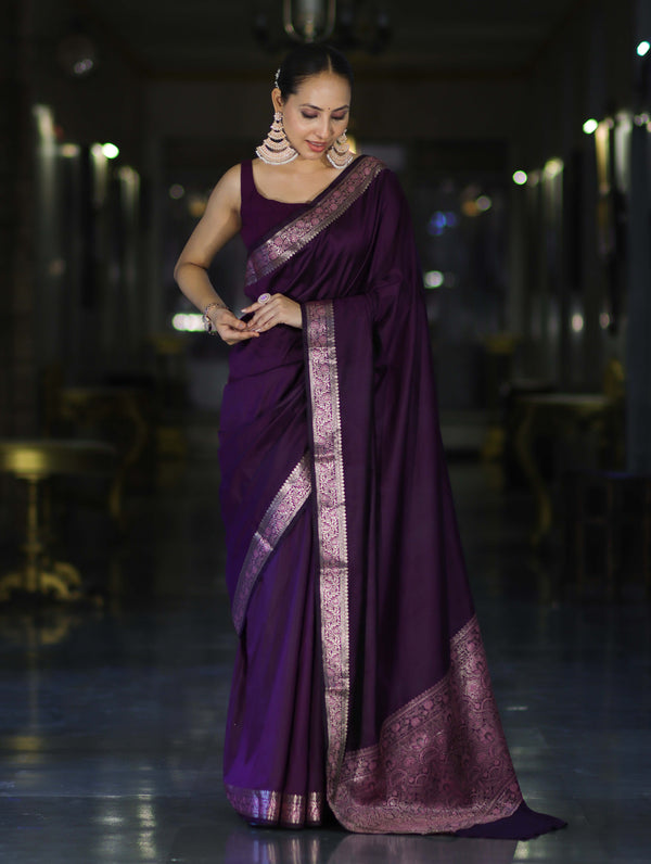 Banarasee Handloom Semi Silk Plain Saree With Floral Zari Border-Violet