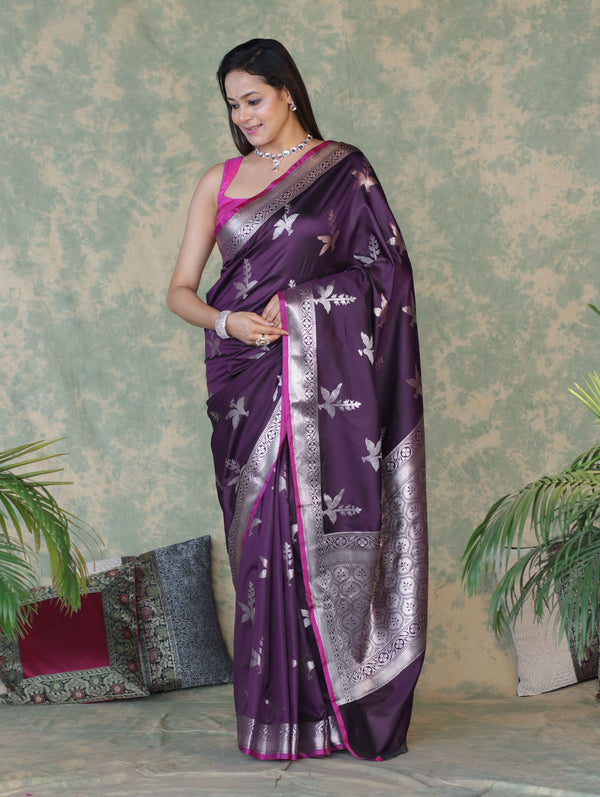 Banarasee Handloom Semi Silk Saree With Silver Zari Floral Design & Border-Dark Purple