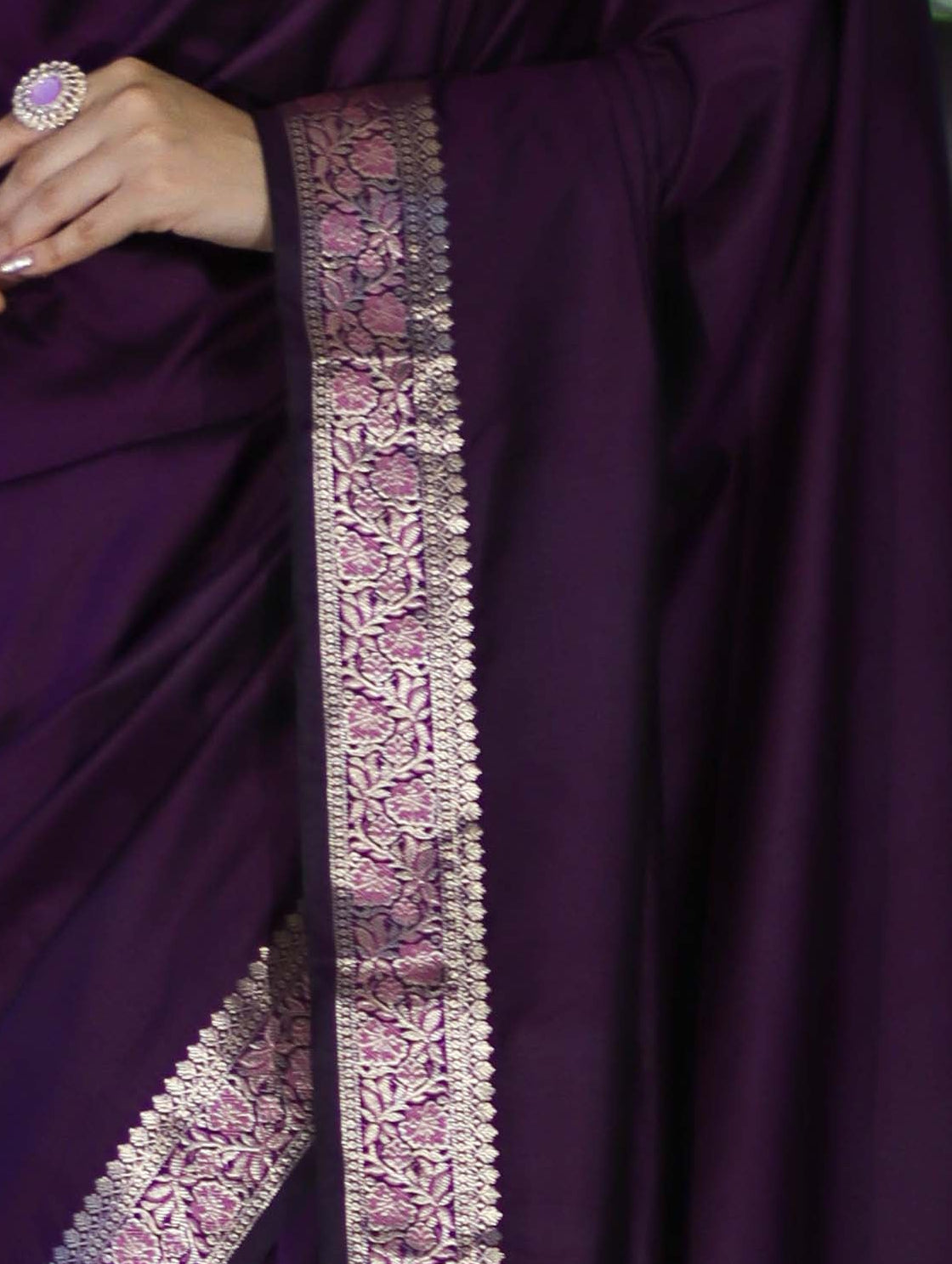 Banarasee Handloom Semi Silk Plain Saree With Floral Zari Border-Violet