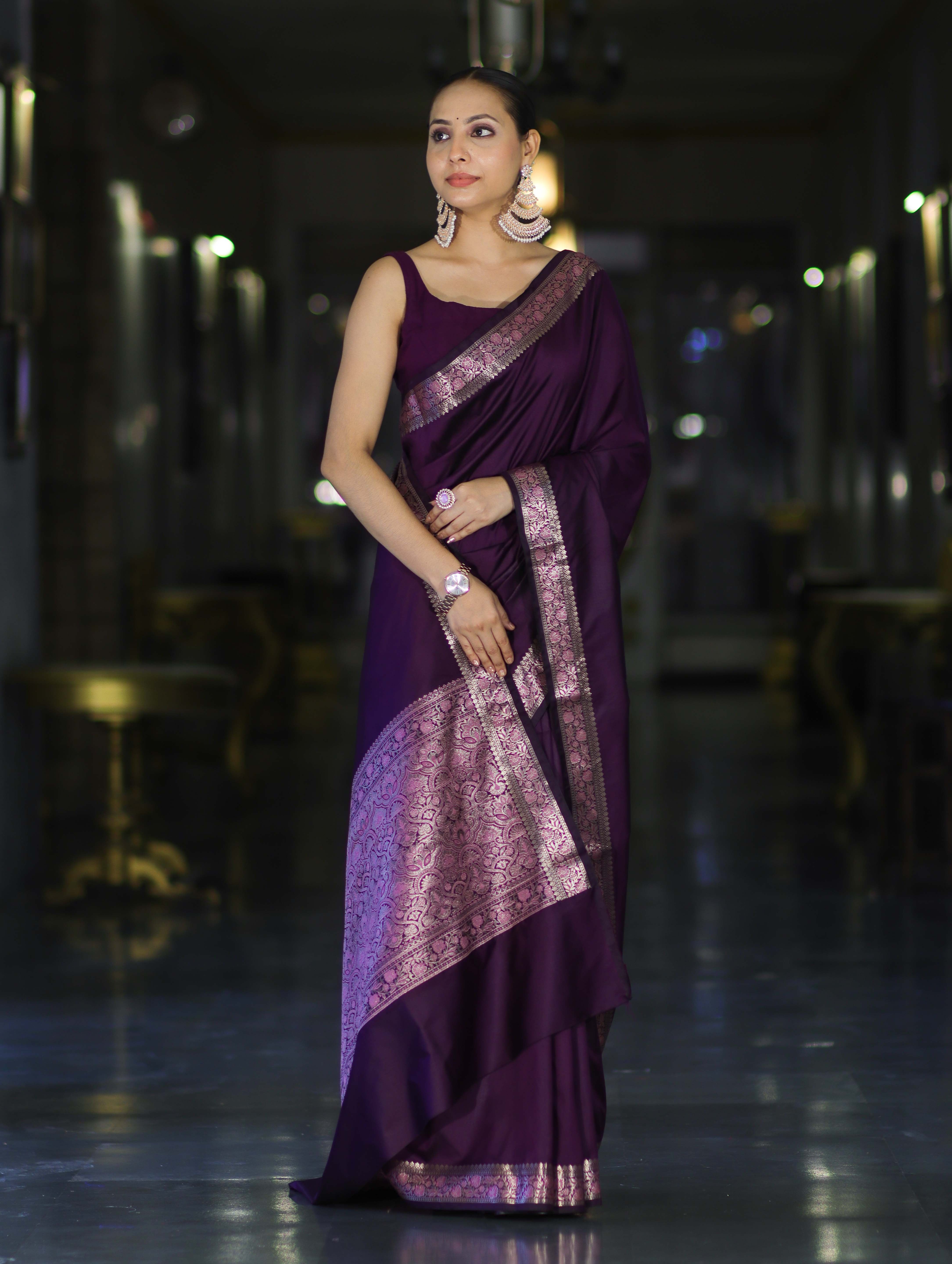 Banarasee Handloom Semi Silk Plain Saree With Floral Zari Border-Violet