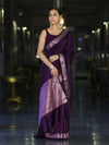 Banarasee Handloom Semi Silk Plain Saree With Floral Zari Border-Violet