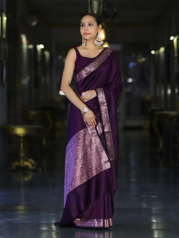Banarasee Handloom Semi Silk Plain Saree With Floral Zari Border-Violet