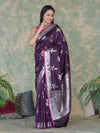 Banarasee Handloom Semi Silk Saree With Silver Zari Floral Design & Border-Dark Purple