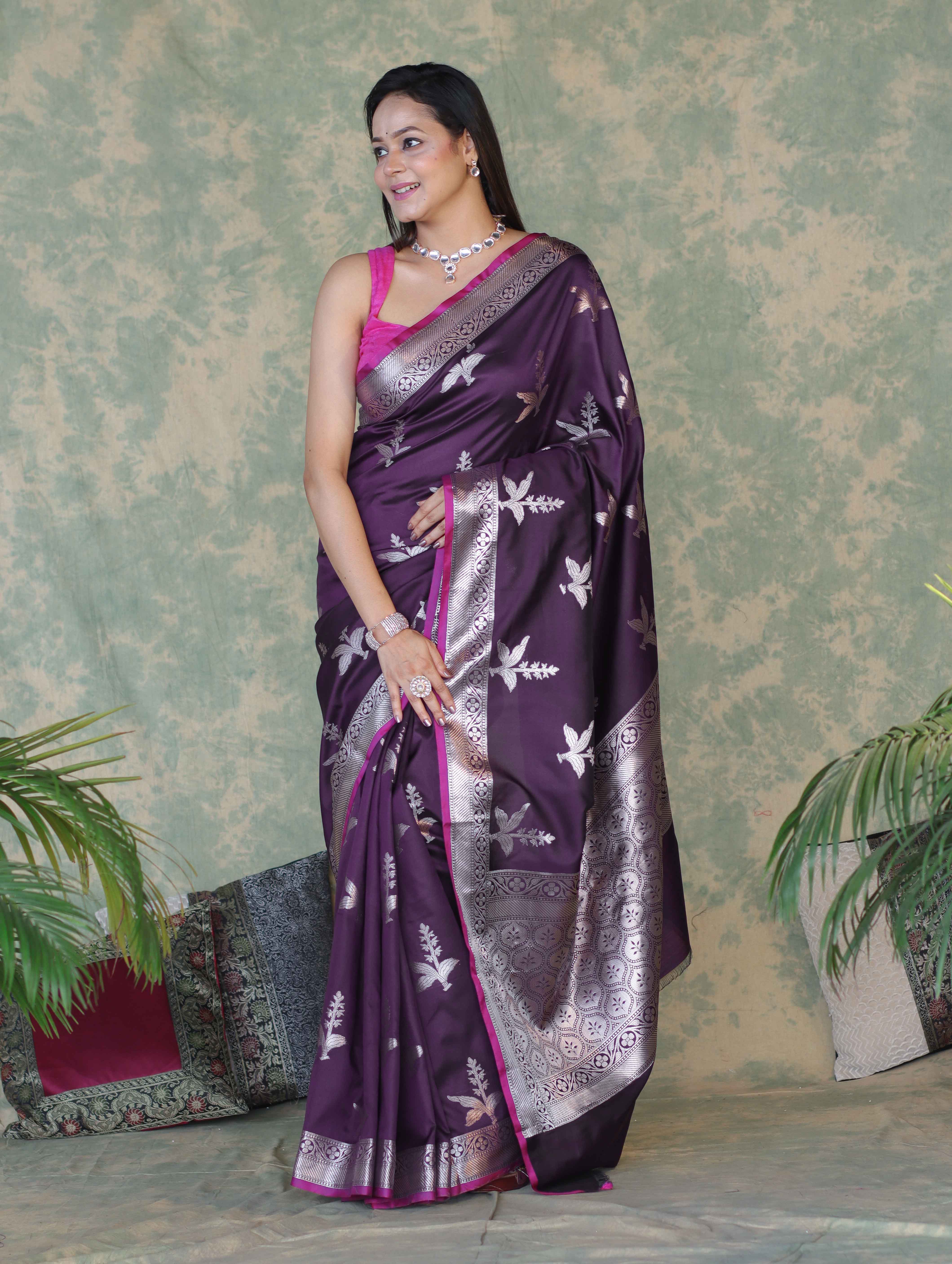 Banarasee Handloom Semi Silk Saree With Silver Zari Floral Design & Border-Dark Purple