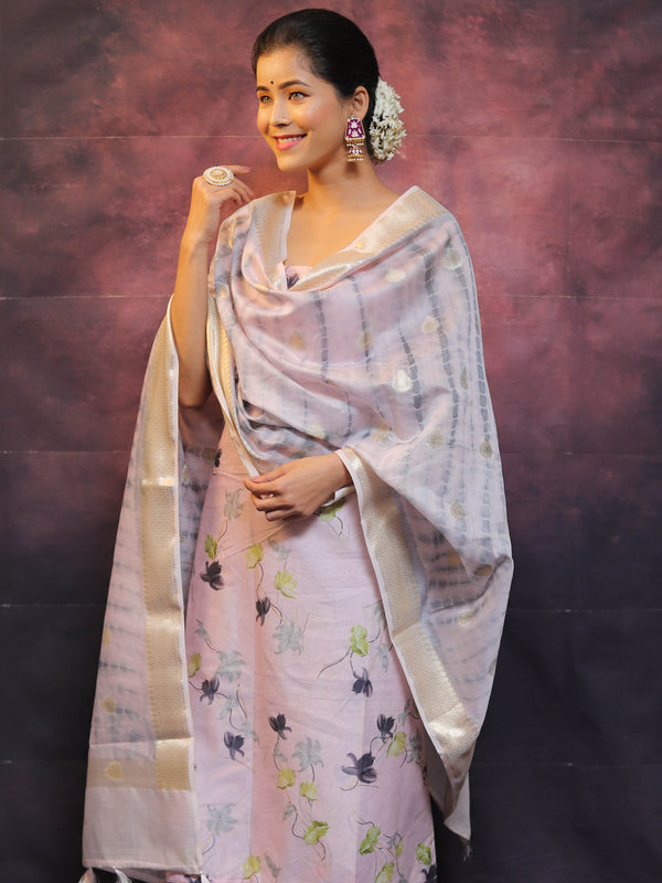 Banarasee Pure Chanderi Salwar Kameez Fabric With Digital Print Work & Shibori Dupatta-Pink