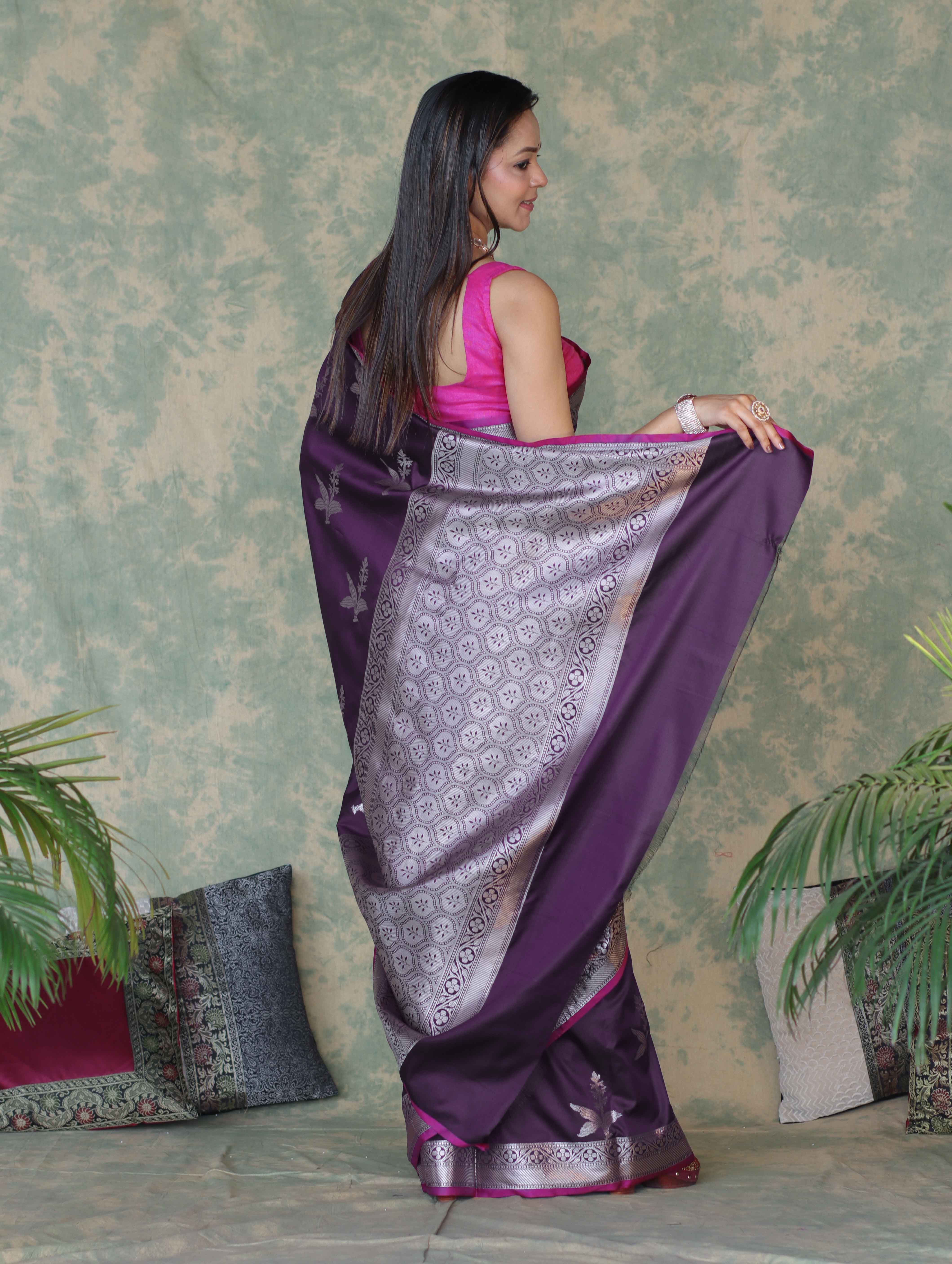 Banarasee Handloom Semi Silk Saree With Silver Zari Floral Design & Border-Dark Purple