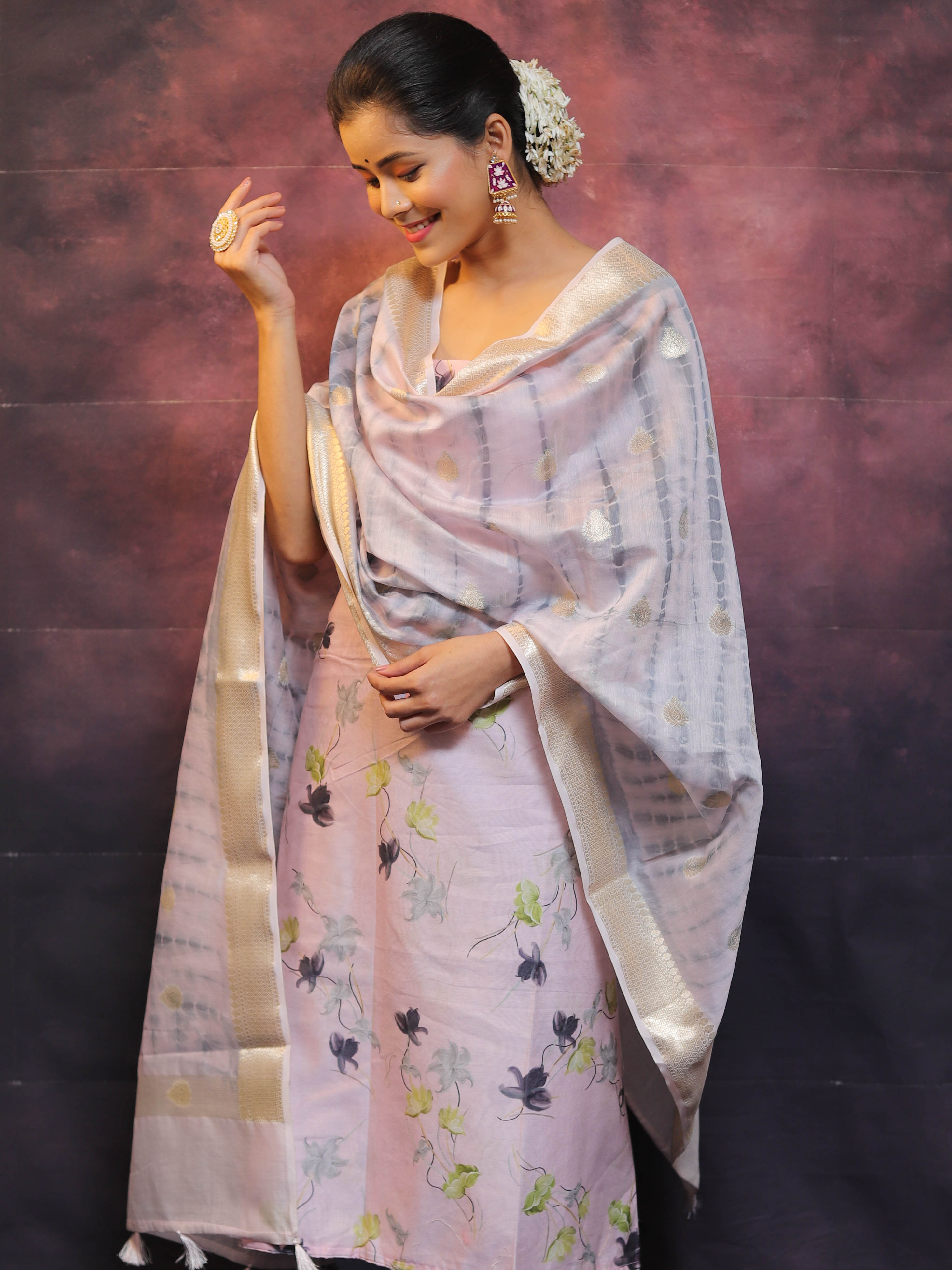Banarasee Pure Chanderi Salwar Kameez Fabric With Digital Print Work & Shibori Dupatta-Pink