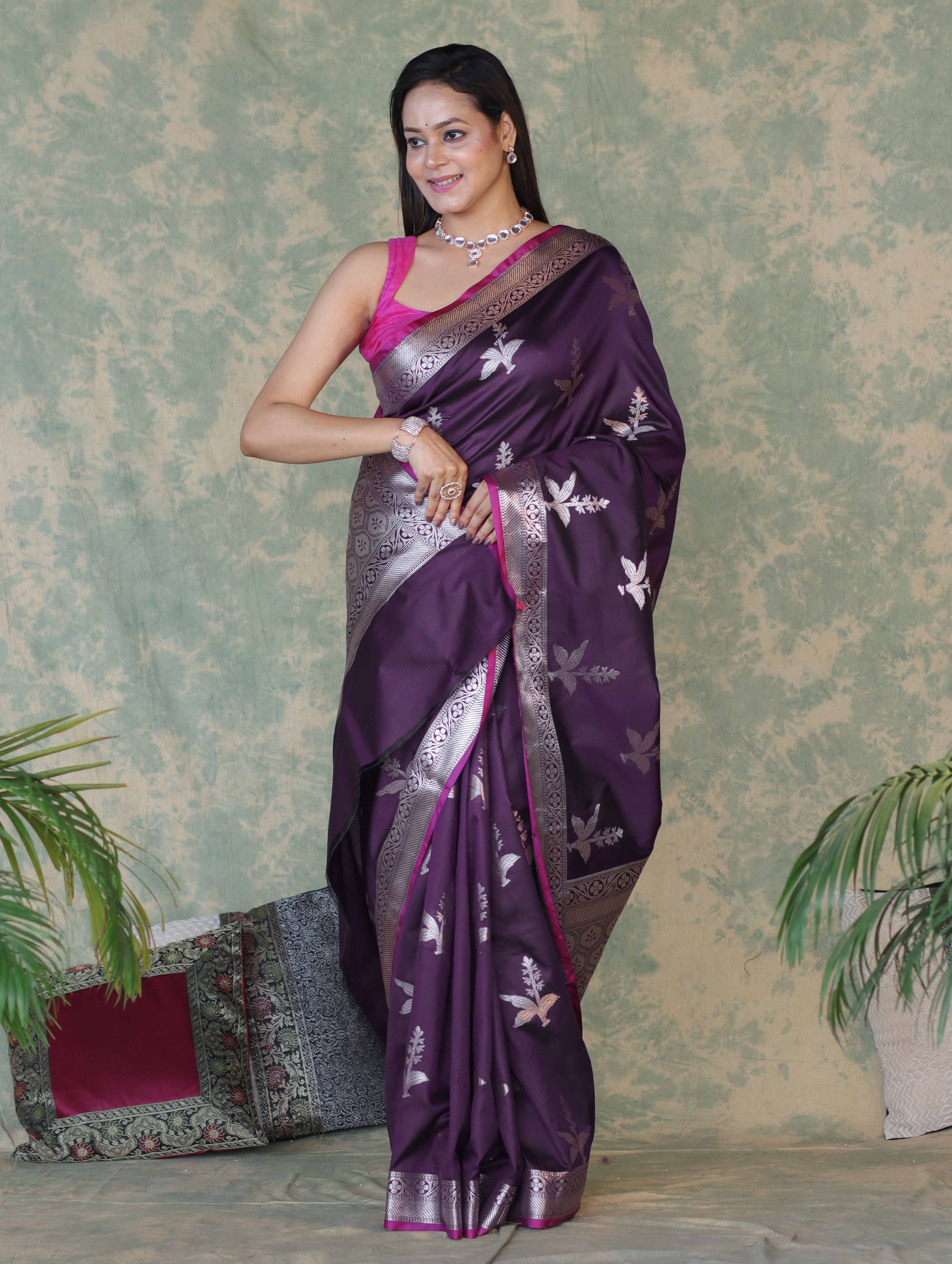 Banarasee Handloom Semi Silk Saree With Silver Zari Floral Design & Border-Dark Purple