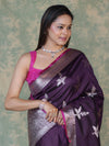 Banarasee Handloom Semi Silk Saree With Silver Zari Floral Design & Border-Dark Purple