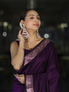 Banarasee Handloom Semi Silk Plain Saree With Floral Zari Border-Violet