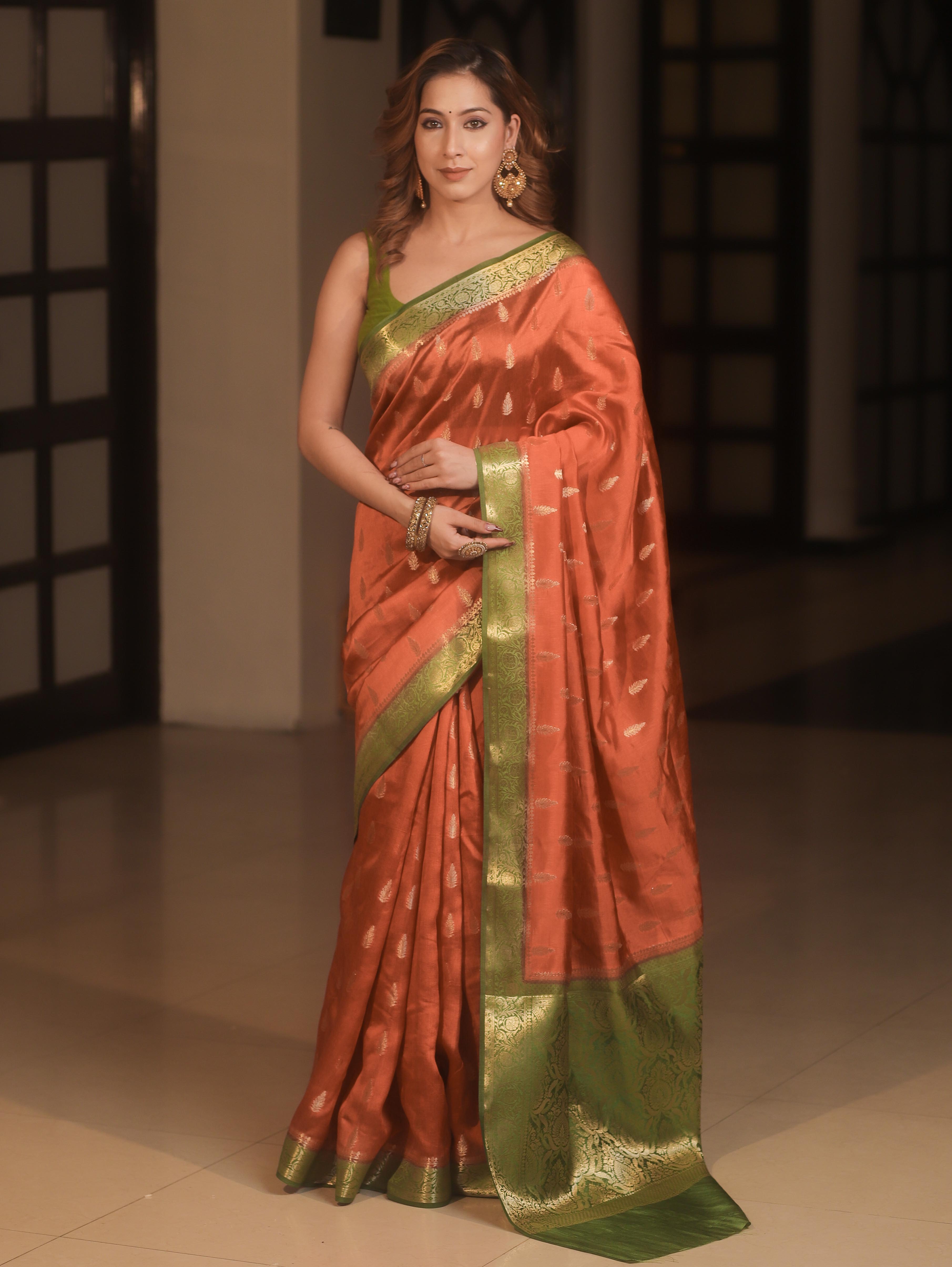 Banarasee Handwoven Pure Silk Saree With Zari Buta & Contrast Border-Rust & Green