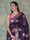 Banarasee Handloom Semi Silk Saree With Silver Zari Floral Design & Border-Dark Purple