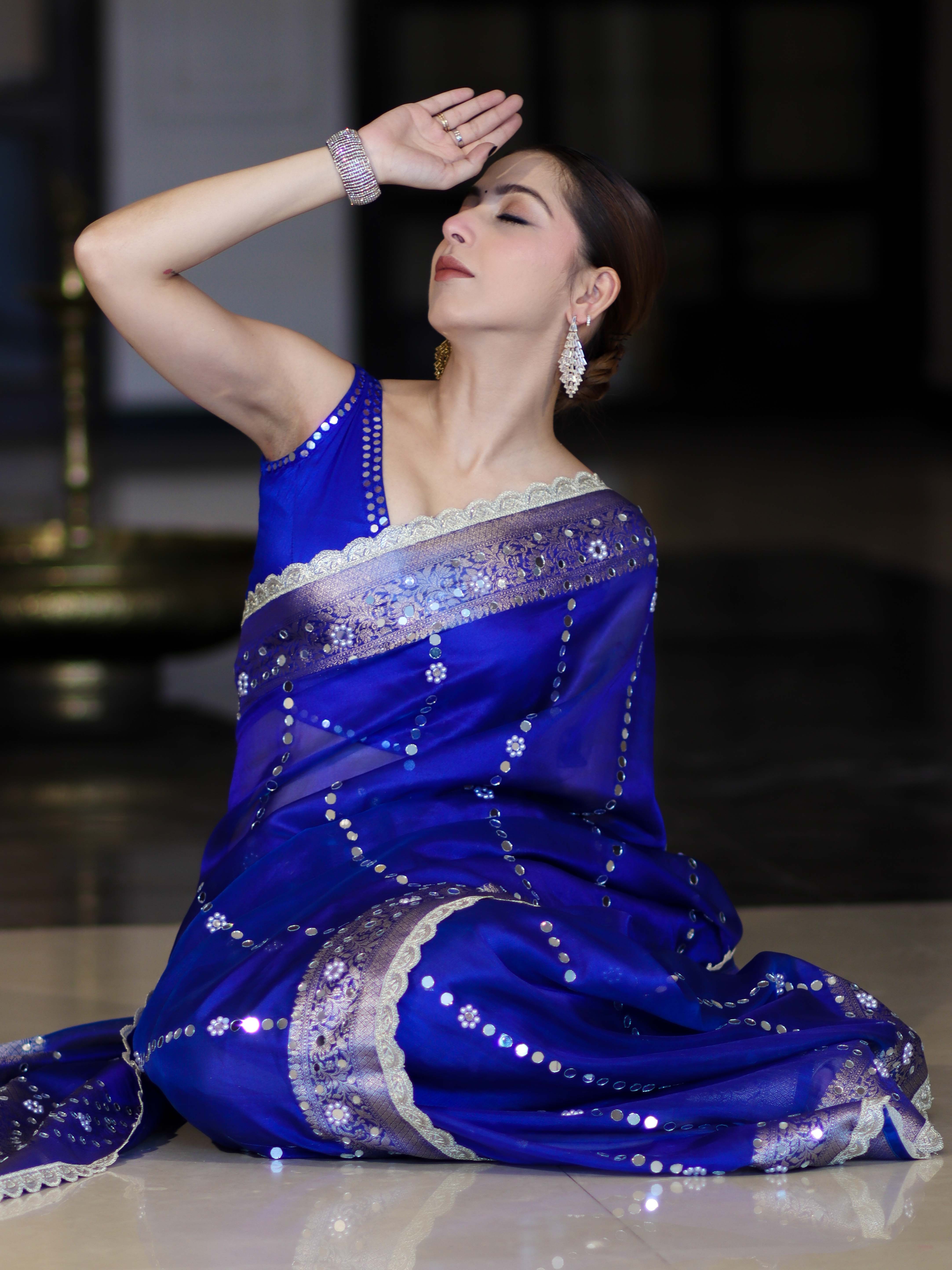 Banarasee Handloom Tissue Saree With Hand Embroidered Mirror Work Pearl Motifs & Zari Woven Pallu-Royal Blue
