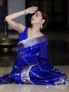 Banarasee Handloom Tissue Saree With Hand Embroidered Mirror Work Pearl Motifs & Zari Woven Pallu-Royal Blue