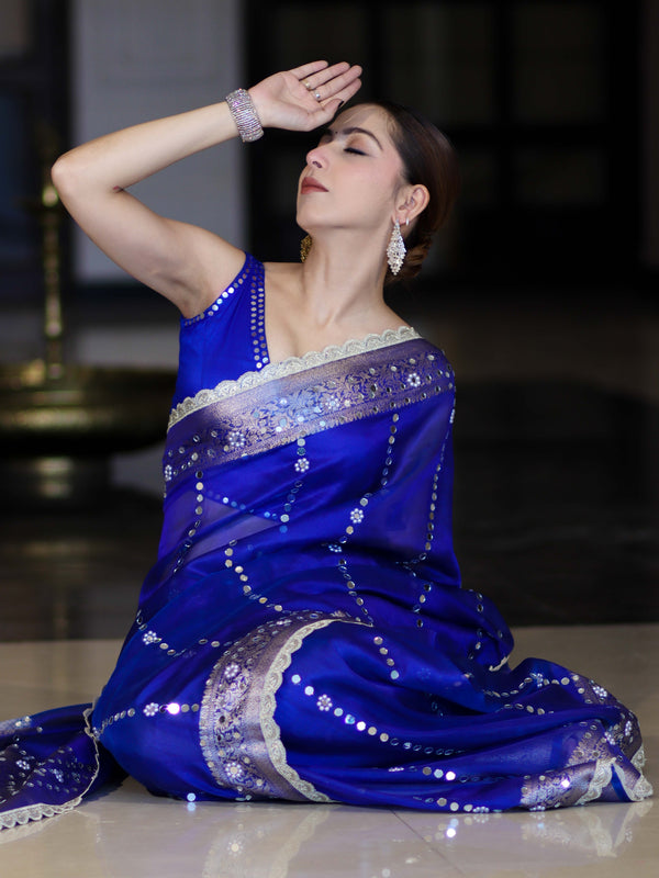 Banarasee Handloom Tissue Saree With Hand Embroidered Mirror Work Pearl Motifs & Zari Woven Pallu-Royal Blue