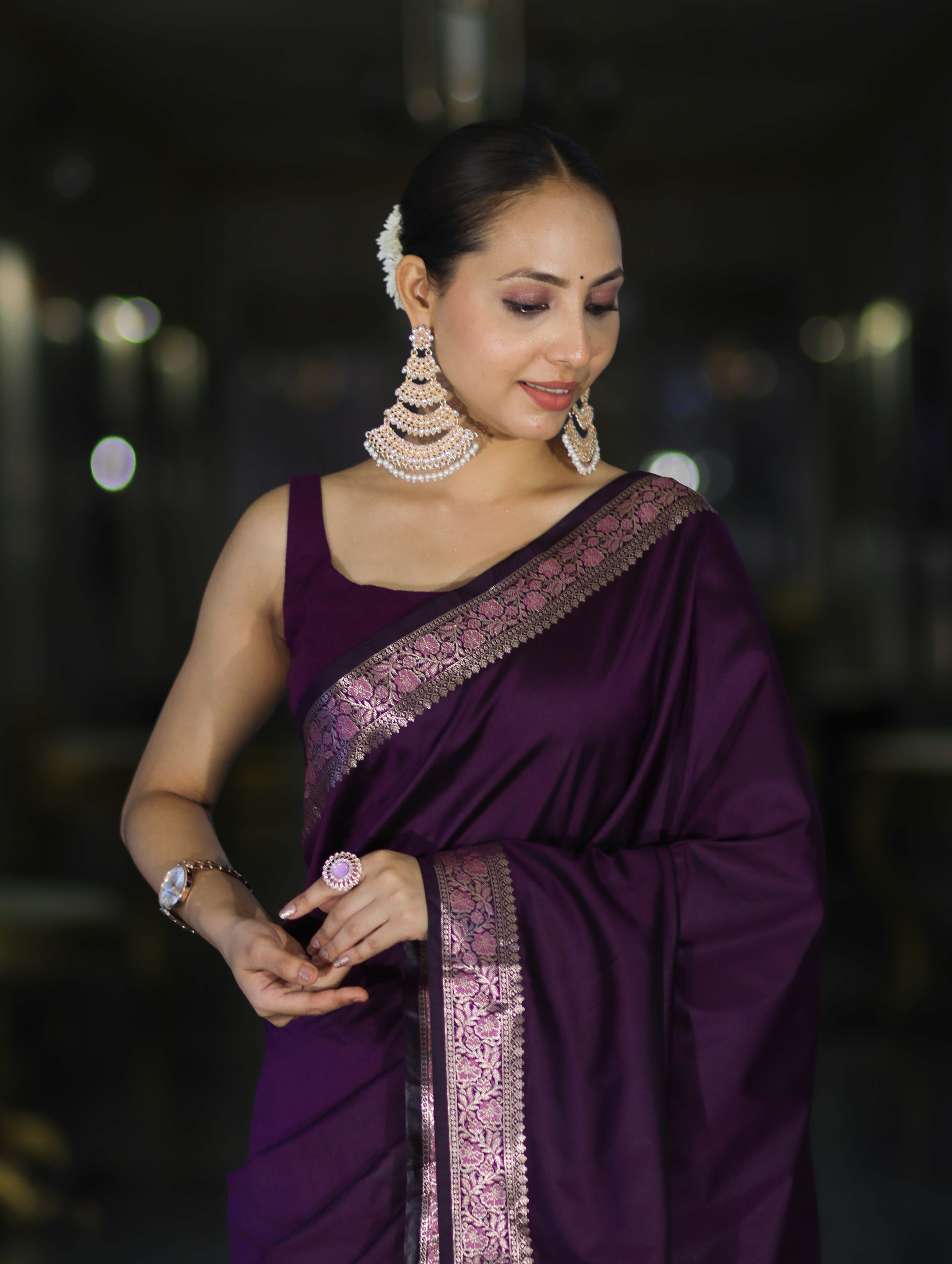Banarasee Handloom Semi Silk Plain Saree With Floral Zari Border-Violet