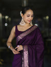 Banarasee Handloom Semi Silk Plain Saree With Floral Zari Border-Violet