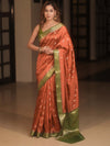 Banarasee Handwoven Pure Silk Saree With Zari Buta & Contrast Border-Rust & Green