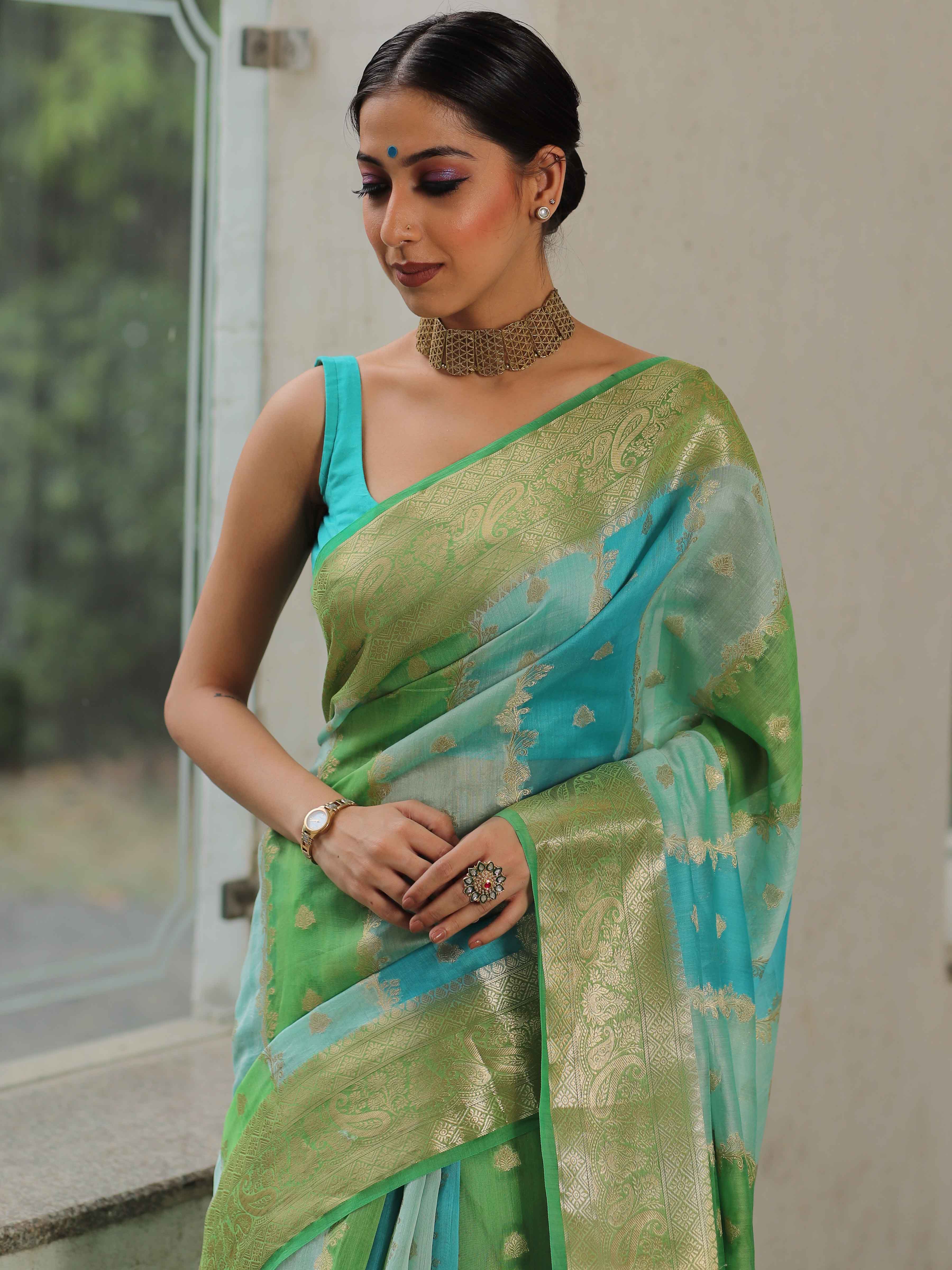 Banarasee Handwoven Pure Silk Cotton Saree With Zari Work & Rangkat Pattern-Green & Blue