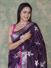 Banarasee Handloom Semi Silk Saree With Silver Zari Floral Design & Border-Dark Purple