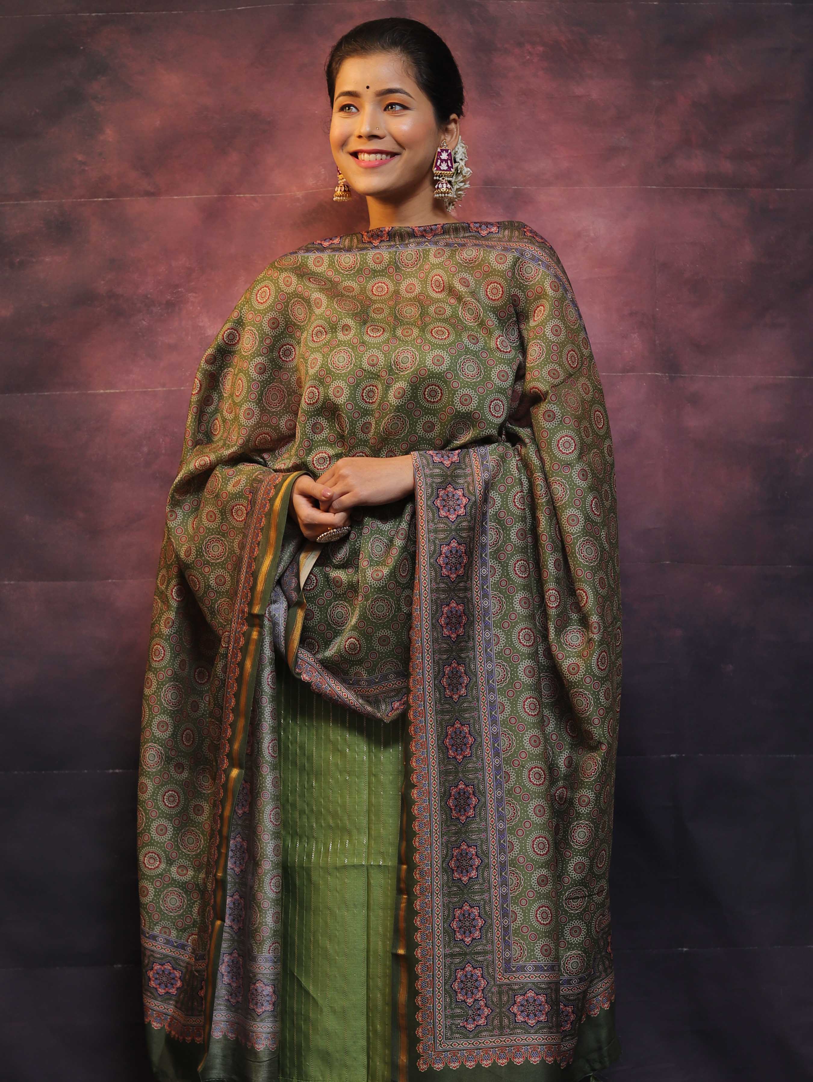 Banarasee Handloom Chanderi Silk Salwar Kameez With Zari Work & Digital Print Dupatta-Olive Green