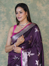 Banarasee Handloom Semi Silk Saree With Silver Zari Floral Design & Border-Dark Purple