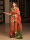 Banarasee Handwoven Pure Silk Saree With Zari Buta & Contrast Border-Rust & Green