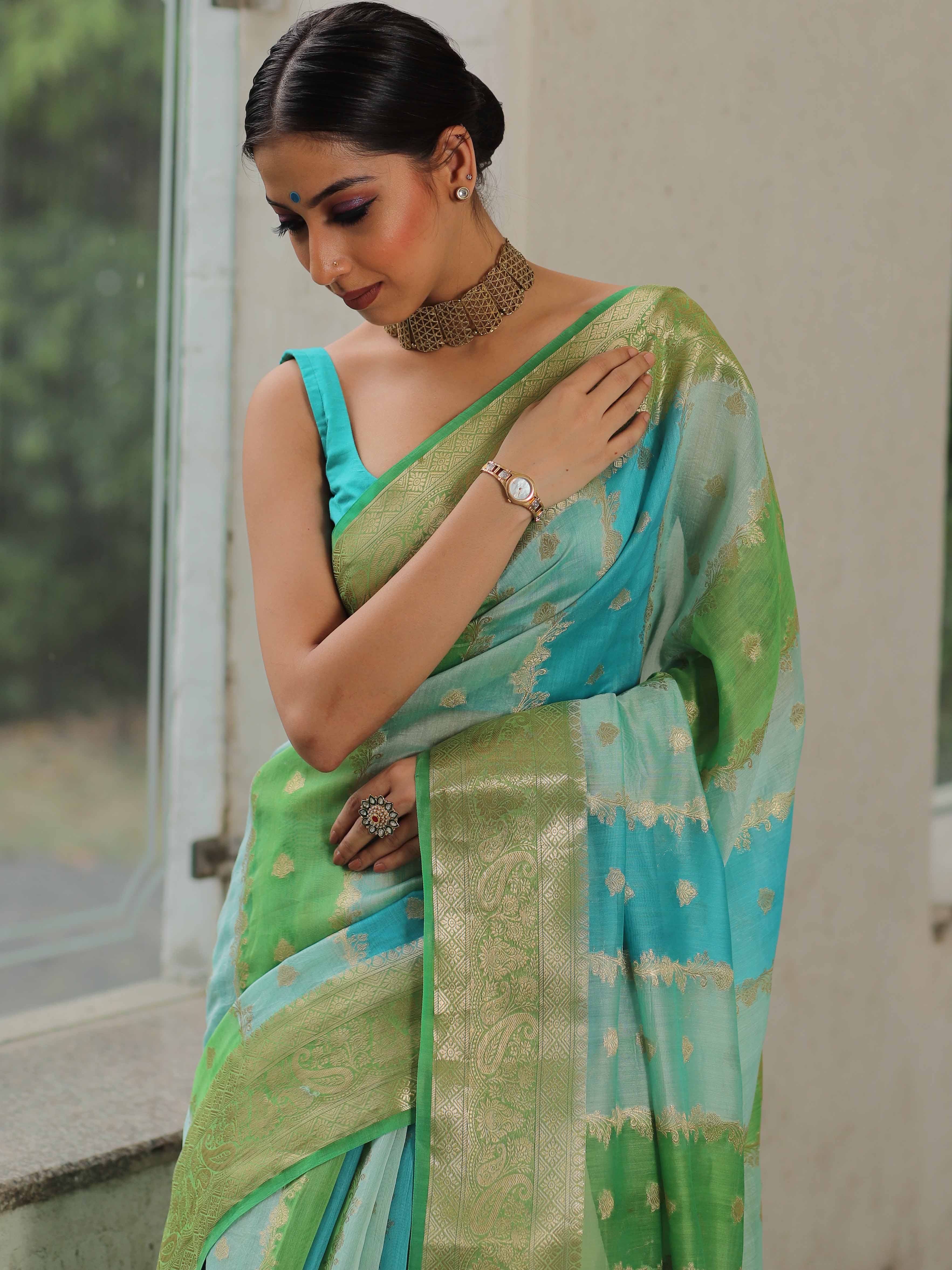 Banarasee Handwoven Pure Silk Cotton Saree With Zari Work & Rangkat Pattern-Green & Blue